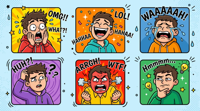 Man faces different emotional expressions.