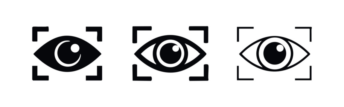 Eye scan icon set, biometric security and surveillance technology, digital vision and identity verification vector illustration