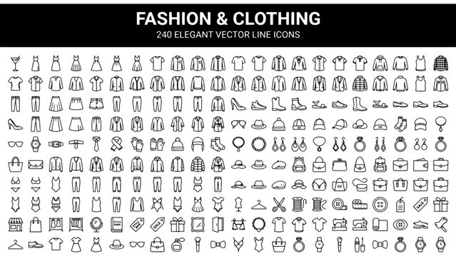 240 Elegant Fashion & Clothing Vector Line Icons Set, Style Elements vector illustration