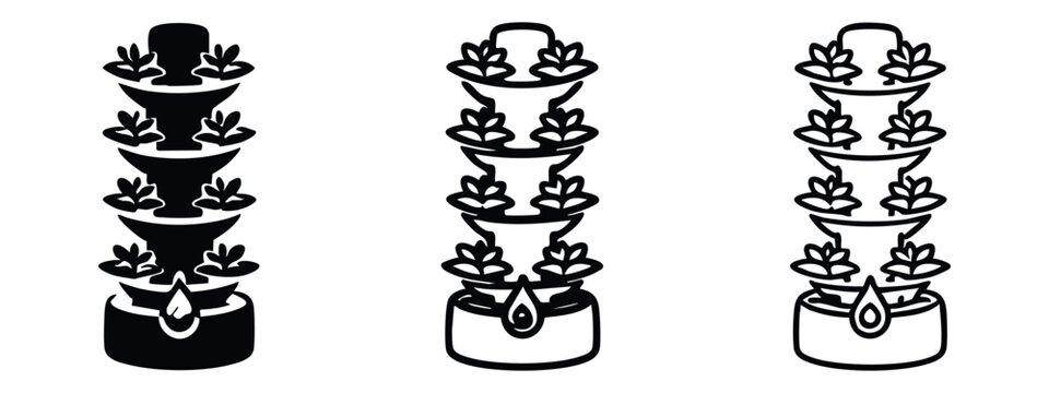 Vertical farming system icon set, hydroponic tower and sustainable agriculture, modern plant cultivation vector illustration