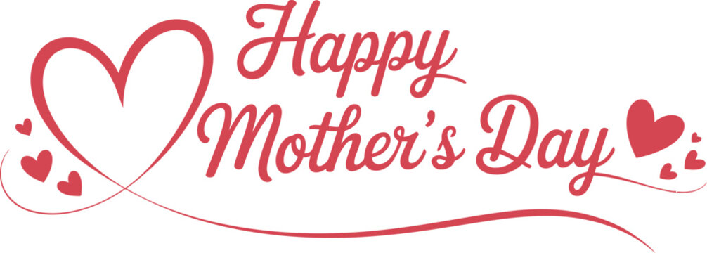 Mothers day typography, happy mothers day script text, red hearts illustration, minimalist design, curved line elements, balanced composition, isolated white background