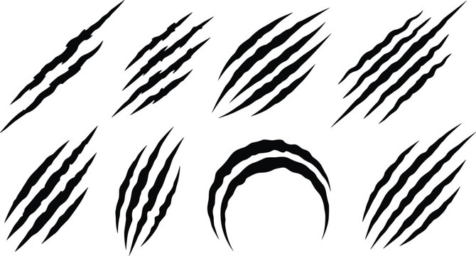 Claw scratch marks, solid silhouette vector illustrations, wild animal rip symbols, monster predator slash signs, tiger attack graphics, horror design elements, sharp talon wounds