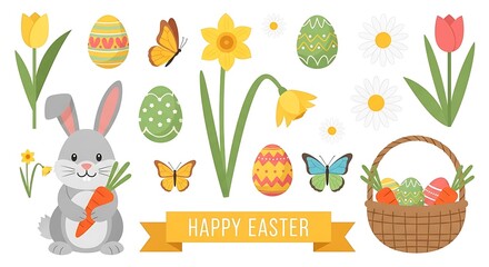 Fototapeta premium Colorful illustrated Easter elements bunny, eggs, flowers, butterflies, basket & ribbon