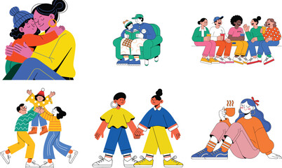 Fototapeta premium Diverse people showing affection and friendship in various colorful scenes family