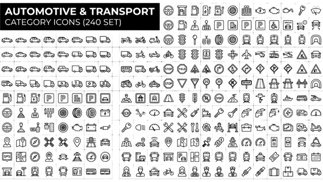 Automotive & Transport Icons, 240 Set, Vehicle & Road Signs, Vector Graphics vector illustration