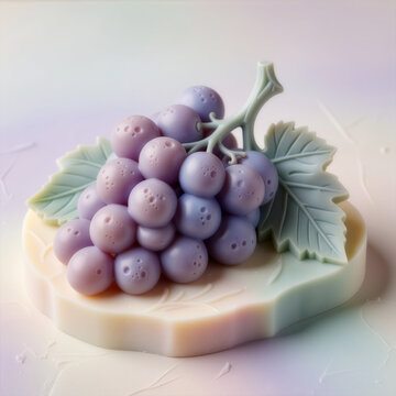 Handmade artisan soap bar with a detailed 3D grape bunch carving. This decorative pastel purple soap is perfect for beauty, spa, and gourmet gift concepts.
