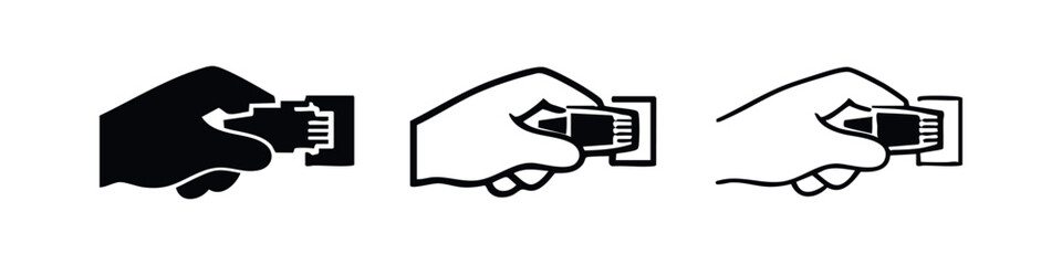 Obraz premium Hand inserting a multi-pin data connector into a port, symbolizing electronic connection and data transfer. Icon set.