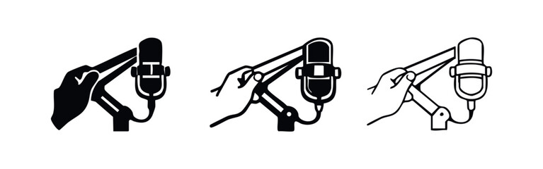 Hand holding a studio boom arm microphone, ideal for podcasting, broadcasting, or recording audio. Icon set. © liubomir118809