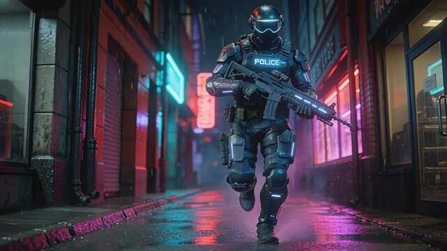 Police officer sprints through glowing urban street bustling with urgency