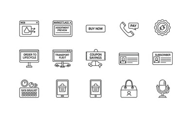 Fototapeta premium Black line icons depict digital and communication tools