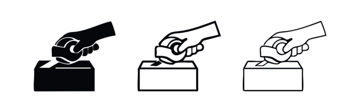 Hand sealing a cardboard box with packing tape icon set for shipping preparation and logistics.