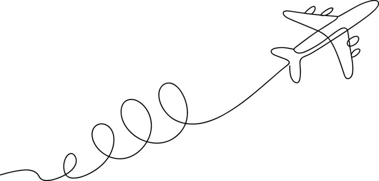 Stylized airplane ascending with a curved flight path illustration