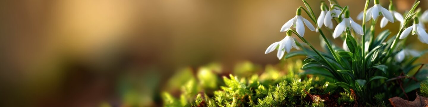 spring equinox advertisement, a high-quality spring equinox web banner featuring a close-up of snowdrops and moss against a cream background for marketing