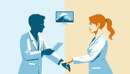 Obraz premium Two professionals in medical attire engage in collaborative discussion, exchanging documents in a modern office environment with digital screen in background