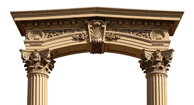 Elaborate architectural archway with ornate columns, shell motifs, and detailed carvings in beige