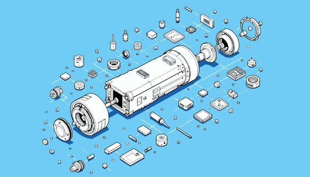 Detailed Illustration of an Exploded View of a Mechanical Engine with Distinct Components Against a Blue Background