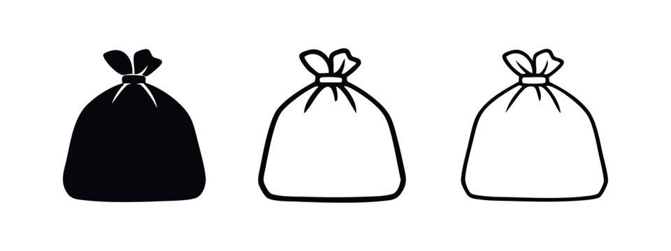 Tied Garbage Bag or Trash Sack Icon Set. Waste Disposal and Sanitation Symbol Pack.