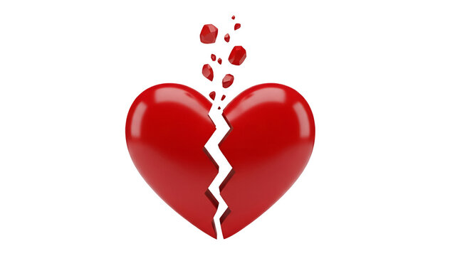 A broken red heart with pieces flying up