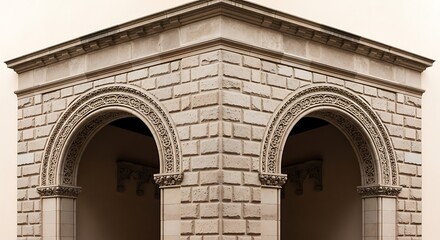 Fototapeta premium Exterior corner detail of a building with arched entryways and ornate stonework
