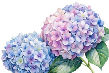 Obraz premium Watercolor Painting of Two Hydrangea Flower Blooms in Shades of Blue and Pink
