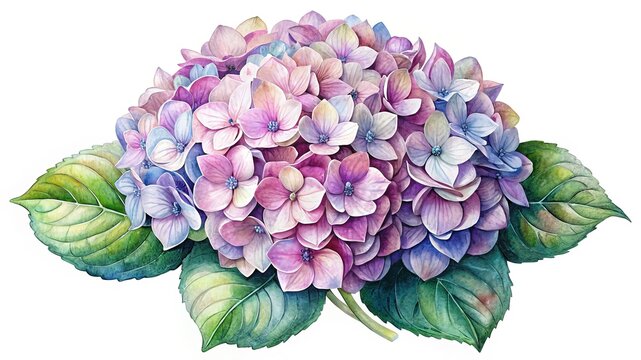 Watercolor illustration of a Hydrangea flower in full bloom on a white background