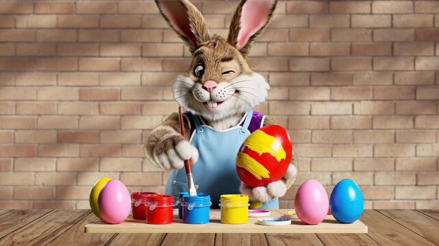 A hardworking 3D animated brown rabbit wearing a blue apron, carefully painting a large red egg with yellow patterns. A cozy workshop scene with paint jars and scattered Easter eggs.