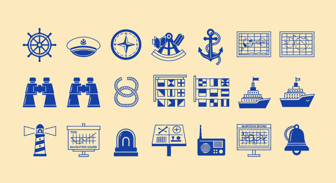 Nautical Icons and Symbols Collection: Marine Navigation and Maritime Theme