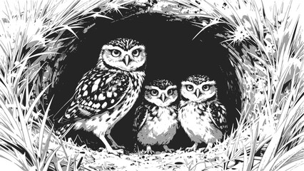 Fototapeta premium Burrowing owl (Athene cunicularia) chicks at nest burrow. Monochrome vector illustration. JPEG version.