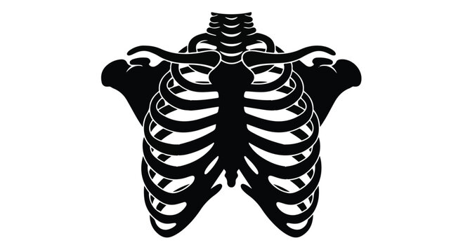 Black ribcage skeleton illustration on white background, human anatomy design element for medical, educational, or creative projects