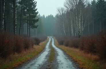 Obraz premium Wet forest path winds through bare bushes and tall trees on a foggy autumn day. Leafless branches line the gloomy, misty woodland road. Serene nature scene.