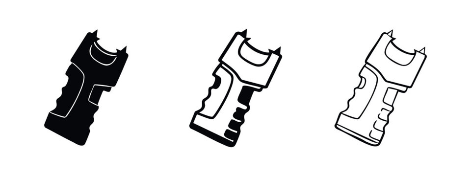 Angled Taser or Stun Gun Icon Set for Self-Defense and Security. Non-Lethal Weapon Symbols.