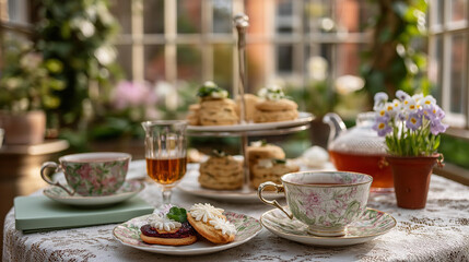 Fototapeta premium Overhead view of a tea party Easter table for two with floral vintage teacups filled with tea a tiered stand of scones with clotted cream and jam tiny pastel iced cookies and