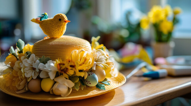 Close up of a freshly assembled Easter bonnet hat decorated with artificial spring flowers ribbon curls small painted eggs and a tiny fabric bird on the brim resting on a chair