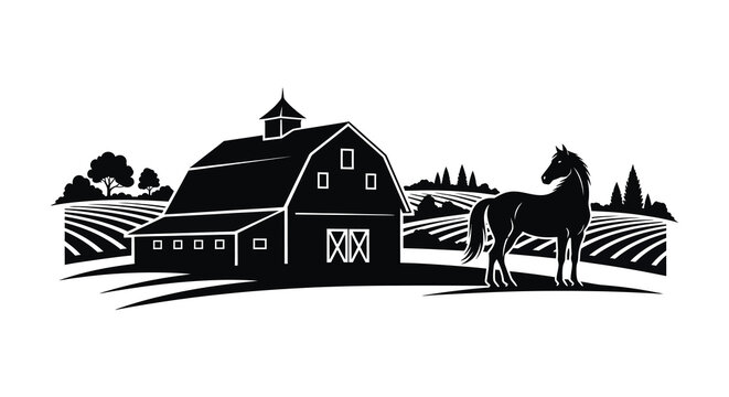 Silhouette of a horse standing in front of a rustic barn in a rural landscape