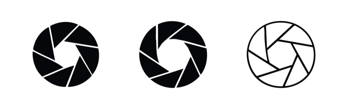 Camera Aperture Icon Set. Photographic Lens Shutter Symbols in Flat and Line Art Vector.