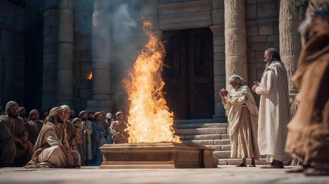 Fire from heaven consuming the altar before Aaron as the people fall in awe, symbol of God&rsquo;s holy presence and divine approval in the biblical story of the sacred offering.
