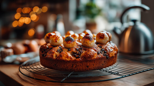 Close up of a freshly baked simnel cake with golden marzipan top and eleven small marzipan balls arranged in a circle a few toasted caramel spots on the balls from the broiler