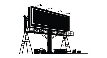Silhouette of a man on a billboard with ladders and lights © AvenLys20