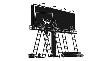 Silhouette of workers on a billboard with ladders and spotlights © AvenLys20