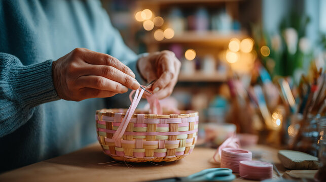 Close up of hands weaving thin strips of pastel colored paper into a small handmade Easter basket on a craft table scissors ribbon and a glue stick nearby the basket beginning