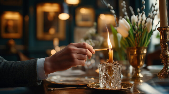 Close up of a hand lighting a tall beeswax taper candle on an Easter dinner table the match flame illuminating a nearby arrangement of white tulips and pussy willow in a brass