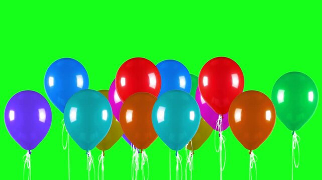 A vibrant collection of red, blue, and multicolored balloons forms a lower border and floats upward against a green screen. Excellent for use as a festive frame or transition in party videos.
