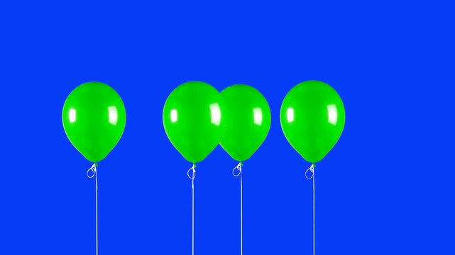 A series of vibrant green balloons with strings float against a solid blue background. This festive animation is suitable for celebrations, party announcements, birthdays, and holiday-themed marketing