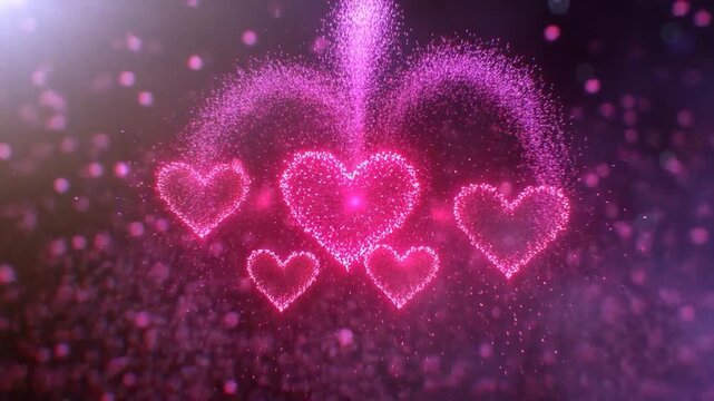 Romantic heart shaped fireworks exploding in the night sky. Magical particle animation for valentine's day and wedding celebrations