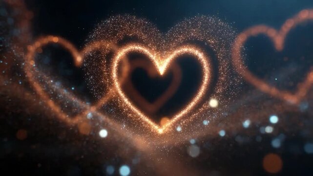 Luminous heart shapes formed by sparkling golden particles flowing across a dark, dreamy background. Perfect for romance and celebrations