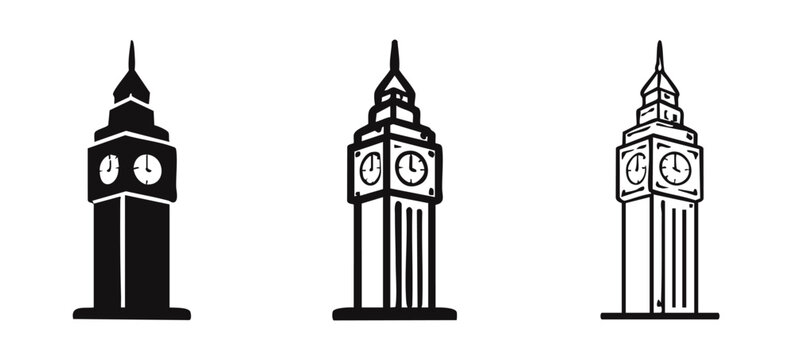 Big Ben Clock Tower Icons Set. London Landmark Symbol in Different Styles.