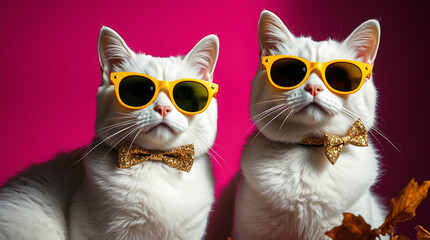 Fototapeta premium Two white cats in yellow sunglasses and glittery bows against a pink background, wet rainy scene, soft dreamy atmosphere, hazy, soft light, drizzling rain, reflective surfaces