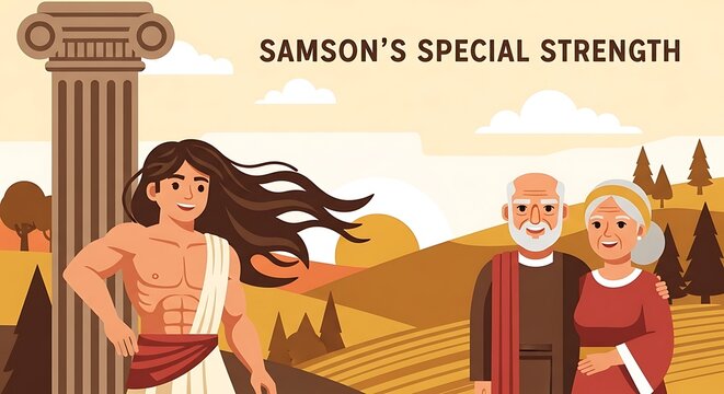 Illustration depicts Samson, pillar, older couple, sunlit hills, and text