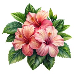 Obraz premium Watercolor Illustration of Three Hibiscus Flowers with Buds and Green Leaves