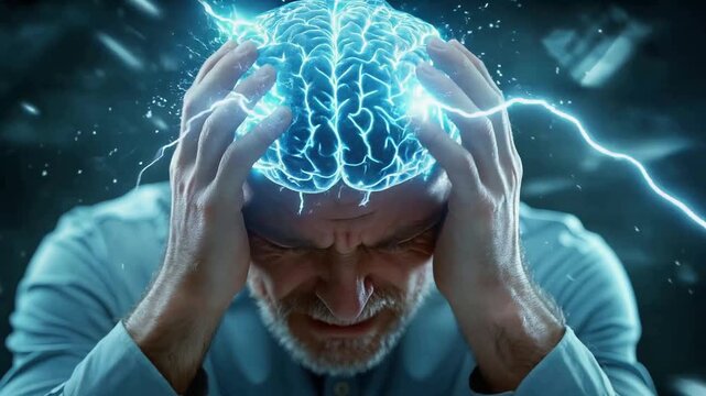 Senior man suffering from severe headache with glowing brain visualization. Mental health and neurological condition concept. Static close-up shot.